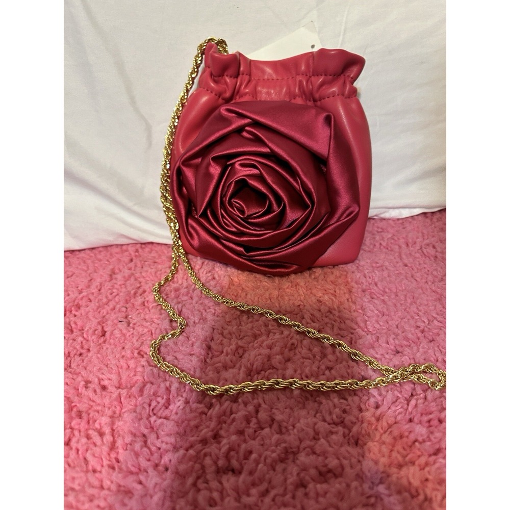 NEW Rose Crossbody 2 Gold Chains Purse‎ Bag Cocktail Party Hot Pink Red Tags
